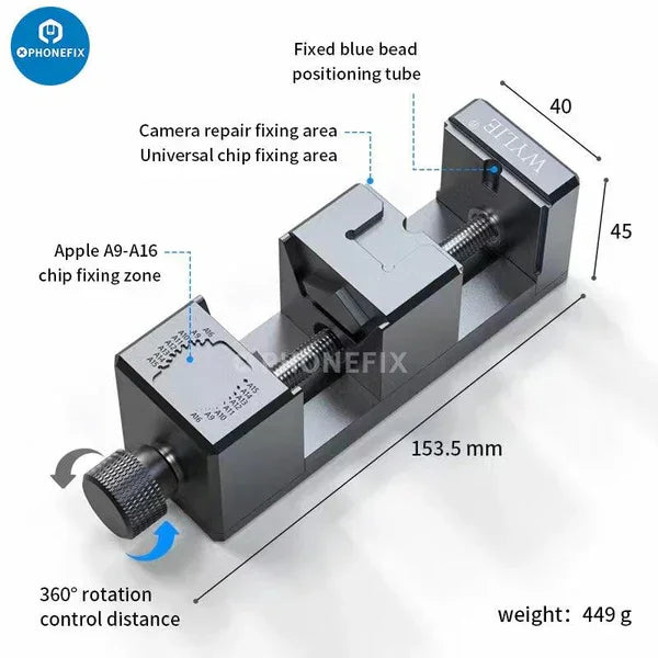PhoneFix universal phone camera fixture and CPU chip holder for motherboard testing, with adjustable 2-in-1 camera and chip fixing tools.