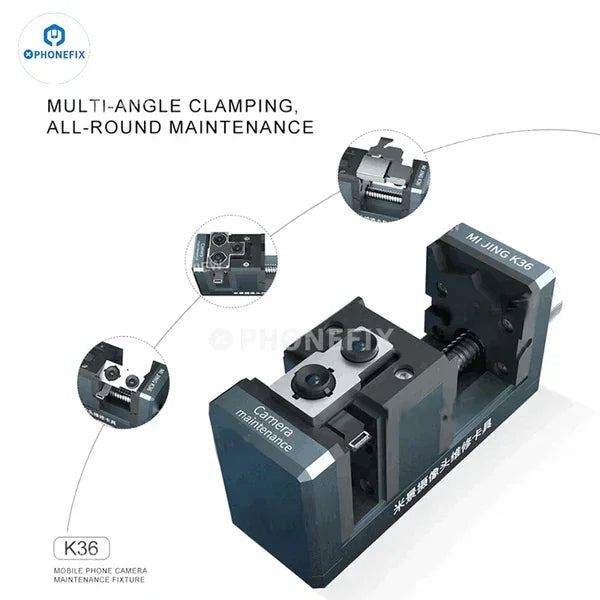 PhoneFix universal motherboard test fixture with camera and CPU chip holder for phone repair and testing.