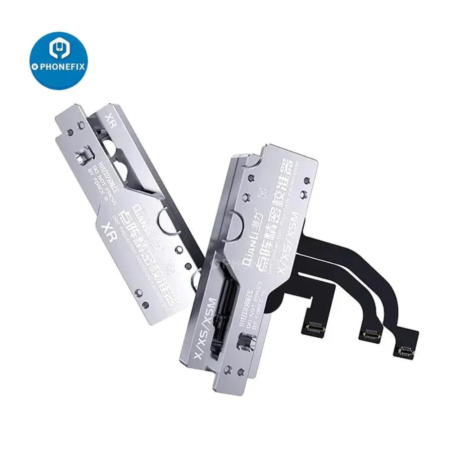 QianLi ToolPlus Lattice Face Precision Calibrator for iPhone X-15 Pro Max motherboard test fixture by PHONEFIX, used for device repair calibration.