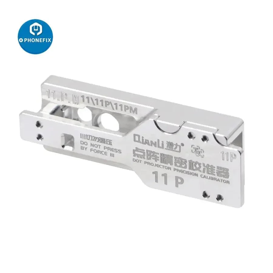 QianLi ToolPlus Lattice Face Precision Calibrator for iPhone X to 15 Pro Max, used as a motherboard test fixture by PHONEFIX.
