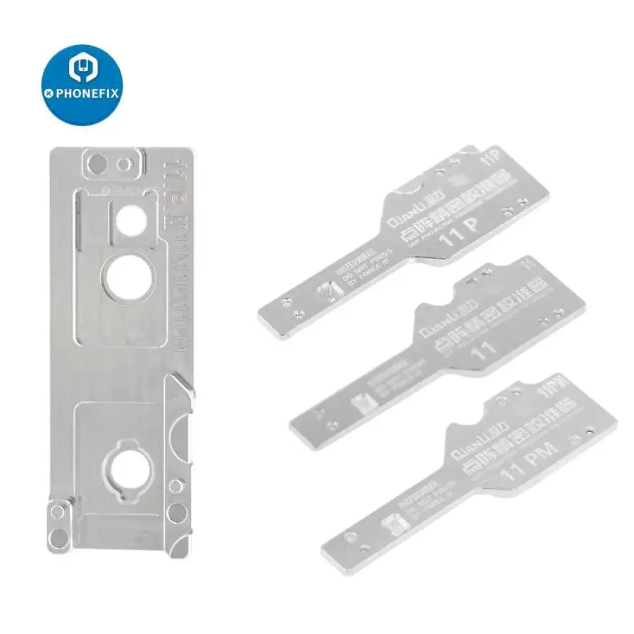 QianLi ToolPlus Lattice Face Precision Calibrator for iPhone X-15 Pro Max motherboard test fixture by PHONEFIX, used for device repair.