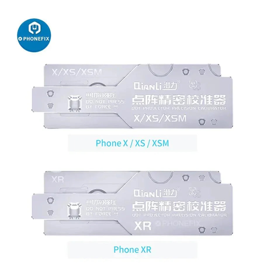 QianLi ToolPlus Lattice Face Precision Calibrator for iPhone X to 15 Pro Max, used as a motherboard test fixture by PHONEFIX.