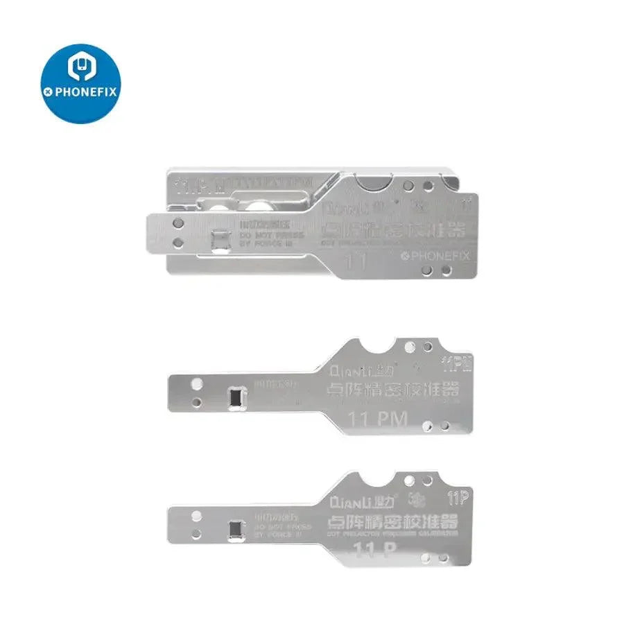QianLi ToolPlus Lattice Face Precision Calibrator for iPhone X to 15 Pro Max, used as a motherboard test fixture, by PHONEFIX.