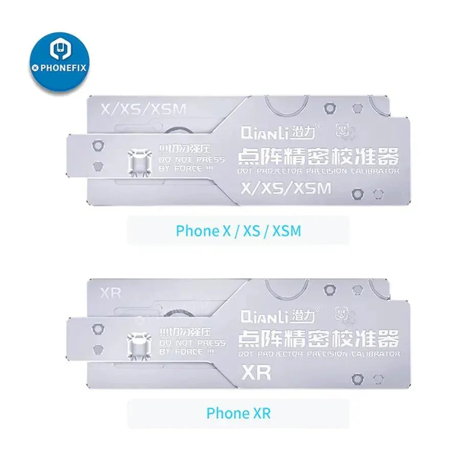 PhoneFix QianLi Dot Projector Precision Calibrator for iPhone X to 12 Pro Max motherboard testing fixture with detailed components visible.