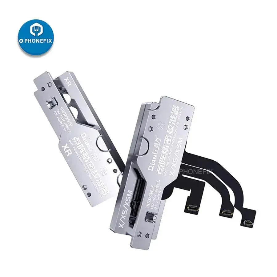 PhoneFix motherboard test fixture with QianLi Dot Projector Precision Calibrator for iPhone X to 12 Pro Max, used for iPhone motherboard testing.