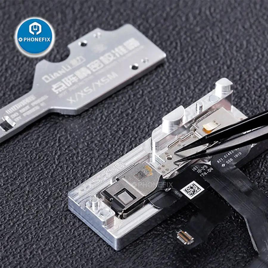 PhoneFix QianLi Dot Projector Precision Calibrator for iPhone X-12 Pro Max motherboard testing fixture with alignment features.