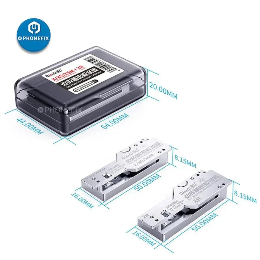 PhoneFix motherboard test fixture with QianLi Dot Projector Precision Calibrator for iPhone X to 12 Pro Max, used for iPhone motherboard testing.