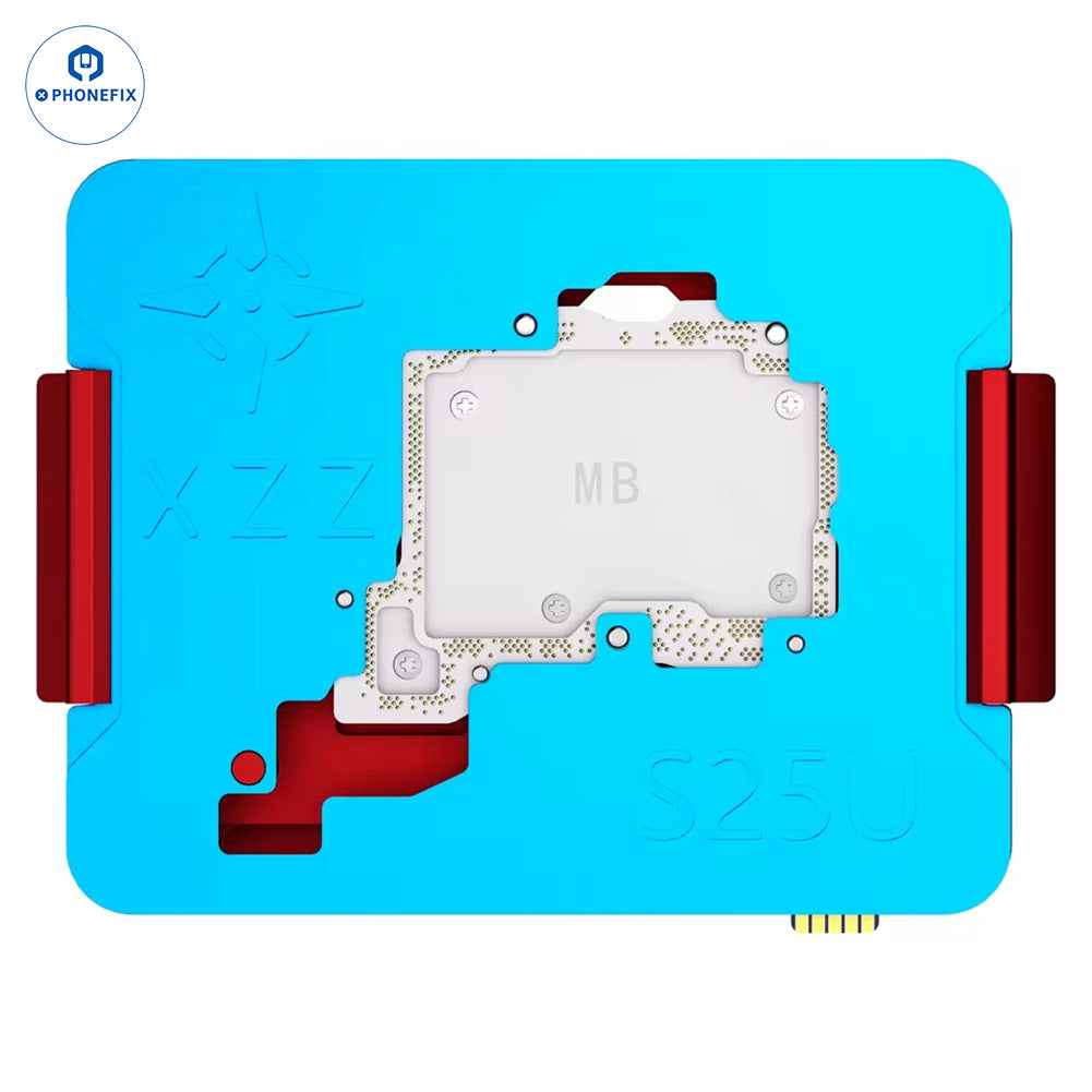XZZ iSocket Samsung S22-S25 Ultra motherboard layered test fixture by PHONEFIX showing the fixture and connection points.