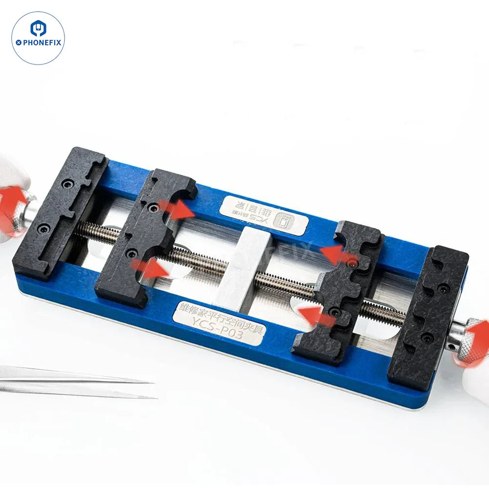 Soporte universal para PCB de teléfono PHONEFIX YCS P03 H03 Pro para soldadura de circuitos integrados de CPU y dispositivo de prueba de placas base, con abrazaderas y soportes metálicos.