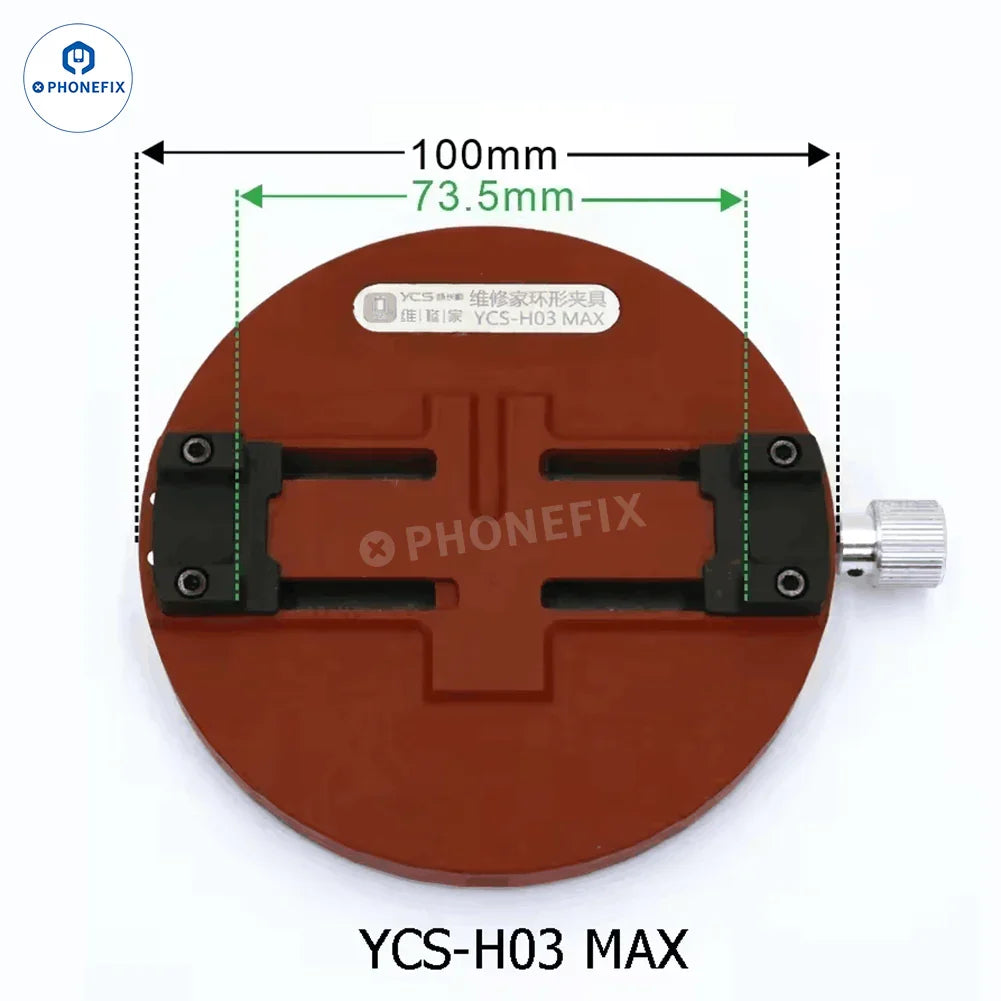 Soporte universal para placas de circuito impreso de teléfonos PHONEFIX YCS P03 H03 Pro para soldadura de CPU y pruebas de placas base, mostrado con el modelo H03MAX.