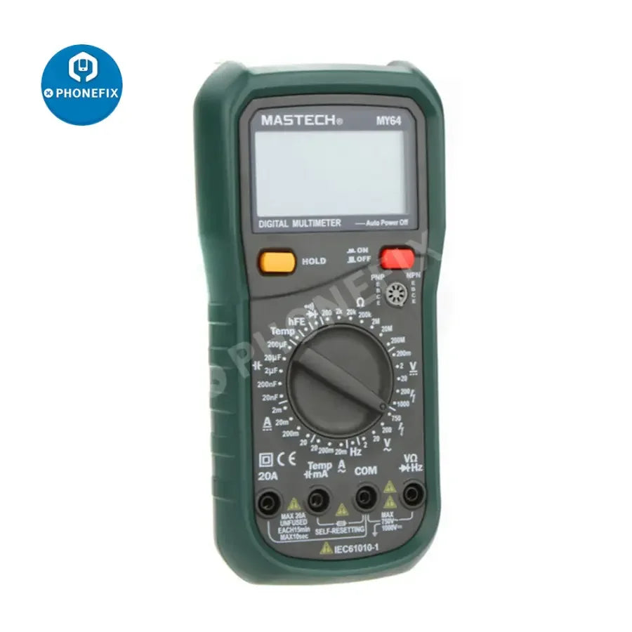 Mastech MY64 digital multimeter with frequency and temperature testing functions, accessory for precise electrical measurements.