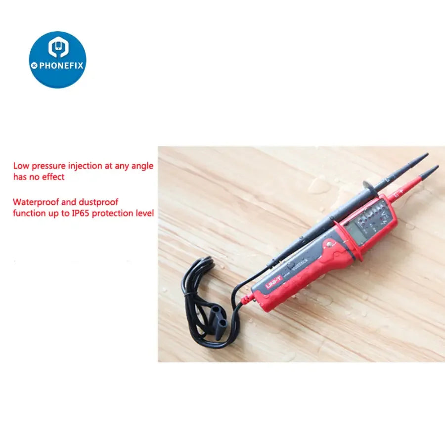 Phonefix UT15C AC voltage tester digital multimeter pen showing rotating electric pen design and digital display in use