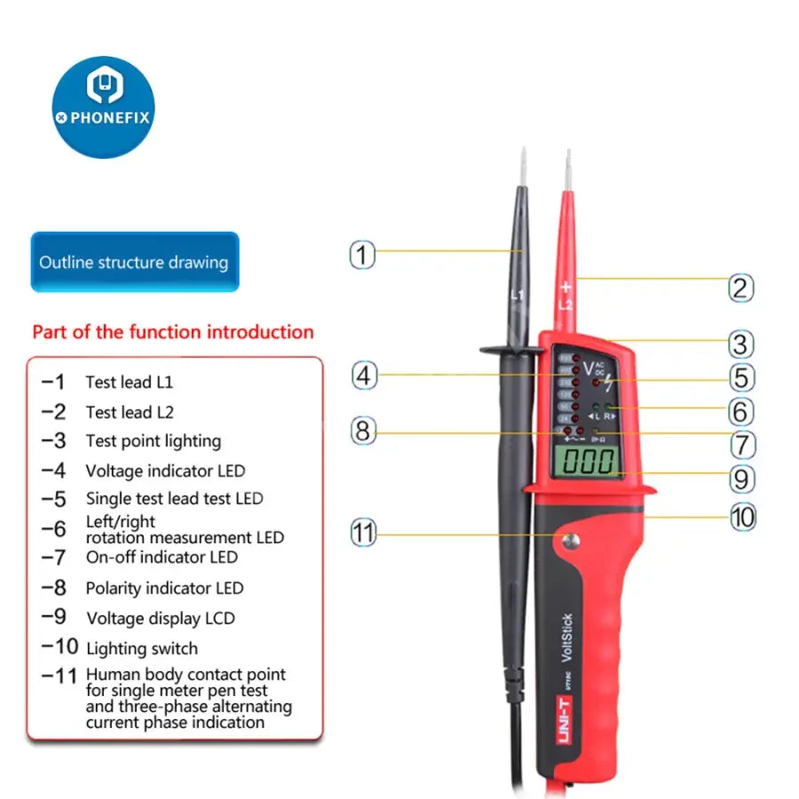 PHONEFIX UT15C AC voltage tester and digital multimeter pen with rotating electric pen design for accurate electrical testing.