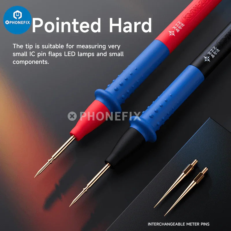 Multímetro tipo bolígrafo XZZ 20A con puntas de prueba universales y punta de sonda adicional, de la marca PHONEFIX, mostrado con puntas de prueba y punta de bolígrafo.