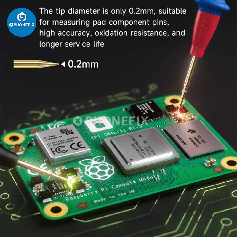 Puntas de prueba universales XZZ 20A con punta adicional para lápiz de multímetro de PHONEFIX, mostradas con puntas de prueba y multímetro conectados.