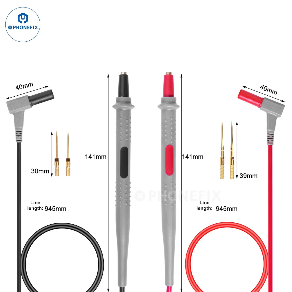 Sonda de prueba universal XZZ 20A con punta adicional para lápiz multímetro de PHONEFIX, que muestra la sonda y la fijación de la punta.