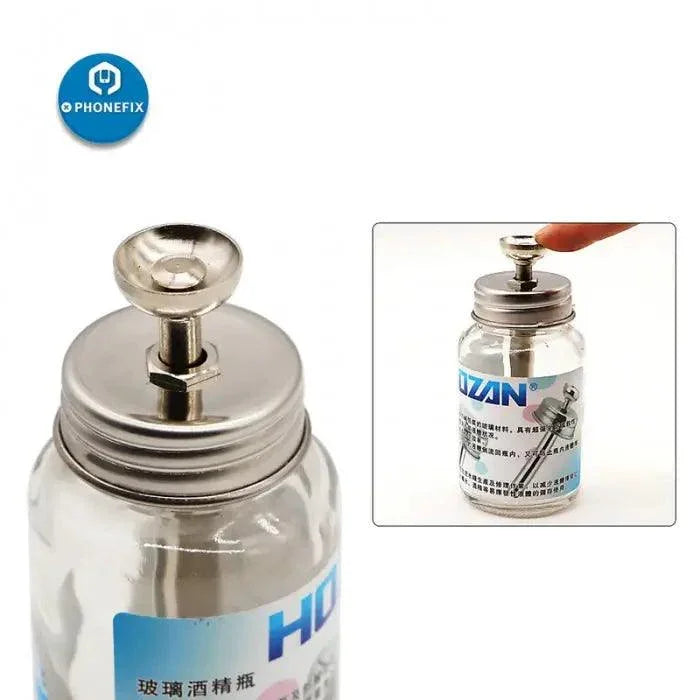Glass liquid alcohol bottle for cleaning and repair, PHONEFIX brand, used for phone repair tools and cleaning electronic devices.