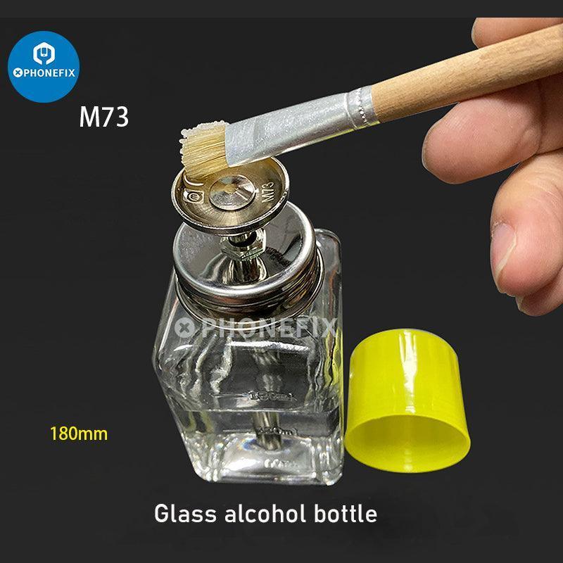 Glass liquid alcohol cleaner bottle, PhoneFix repair tool for phone cleaning and maintenance, with transparent glass design.