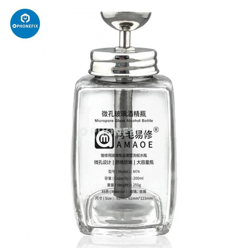 PhoneFix 100ml glass liquid alcohol bottle for cleaning and disinfecting phone repair tools and electronic device parts.