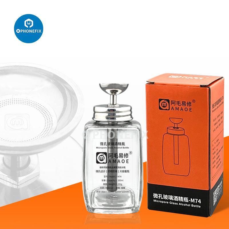 PhoneFix 100ml glass liquid alcohol cleaning bottle for phone repair tools, used for cleaning and disinfecting electronic components.