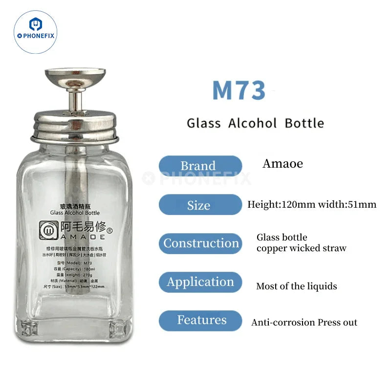 PhoneFix 100ml glass liquid alcohol bottle for cleaning and sanitizing phone repair tools and small electronic components.
