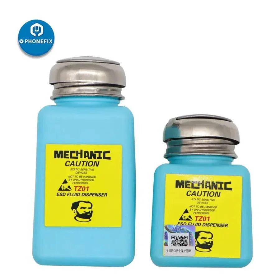 PhoneFix plastic liquid alcohol bottle for ESD fluid dispensing, compact mechanic tool for electronics and static discharge prevention.