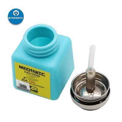 PhoneFix 100ml mechanic plastic liquid alcohol bottle and ESD fluid dispenser for electronics repair and static discharge management.