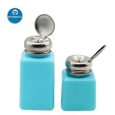 PhoneFix 100ml plastic liquid alcohol bottle for ESD fluid dispensing, mechanic assist tool with secure cap and clear measurement markings.