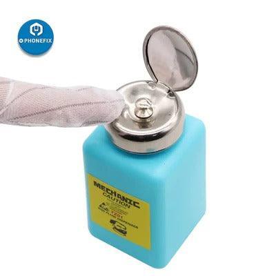 PhoneFix 100ml plastic liquid alcohol bottle for ESD fluid dispensing, designed for mechanic and electronic assist tools.
