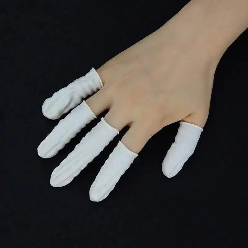 Set of 10 disposable latex rubber finger cots from PHONEFIX, fingertip protectors for precise handling and protection.