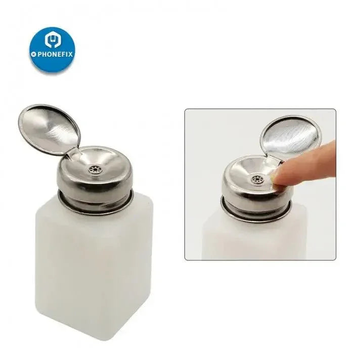 Empty alcohol bottle with stainless steel cap from PHONEFIX, designed for phone cleaning tools and maintenance.