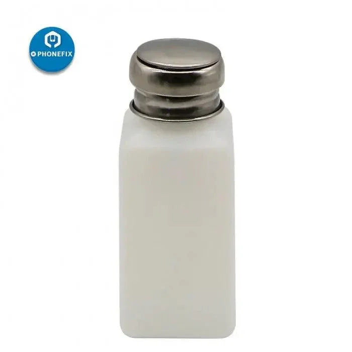 Empty alcohol bottle with stainless steel cap, designed for phone cleaning tools, by PHONEFIX, ideal for precise cleaning applications.