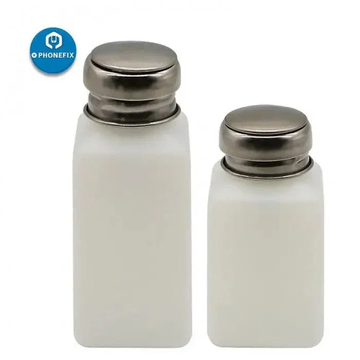 Empty 180ml alcohol bottle with stainless steel cap by PHONEFIX, designed for phone cleaning tools and assist purposes.