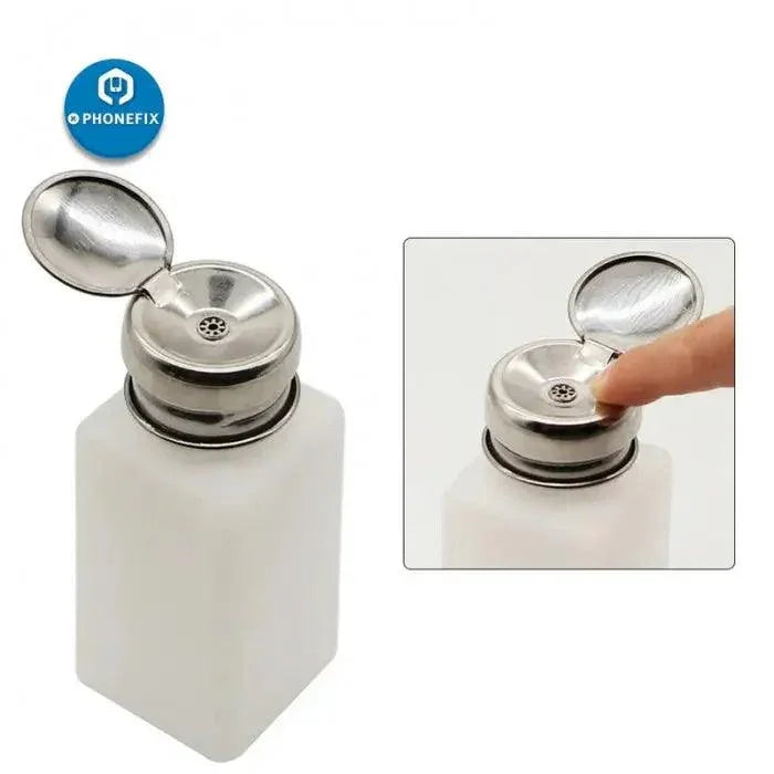 Empty alcohol bottle with stainless steel cap for phone cleaning tool by PHONEFIX, ideal for storing cleaning solutions.