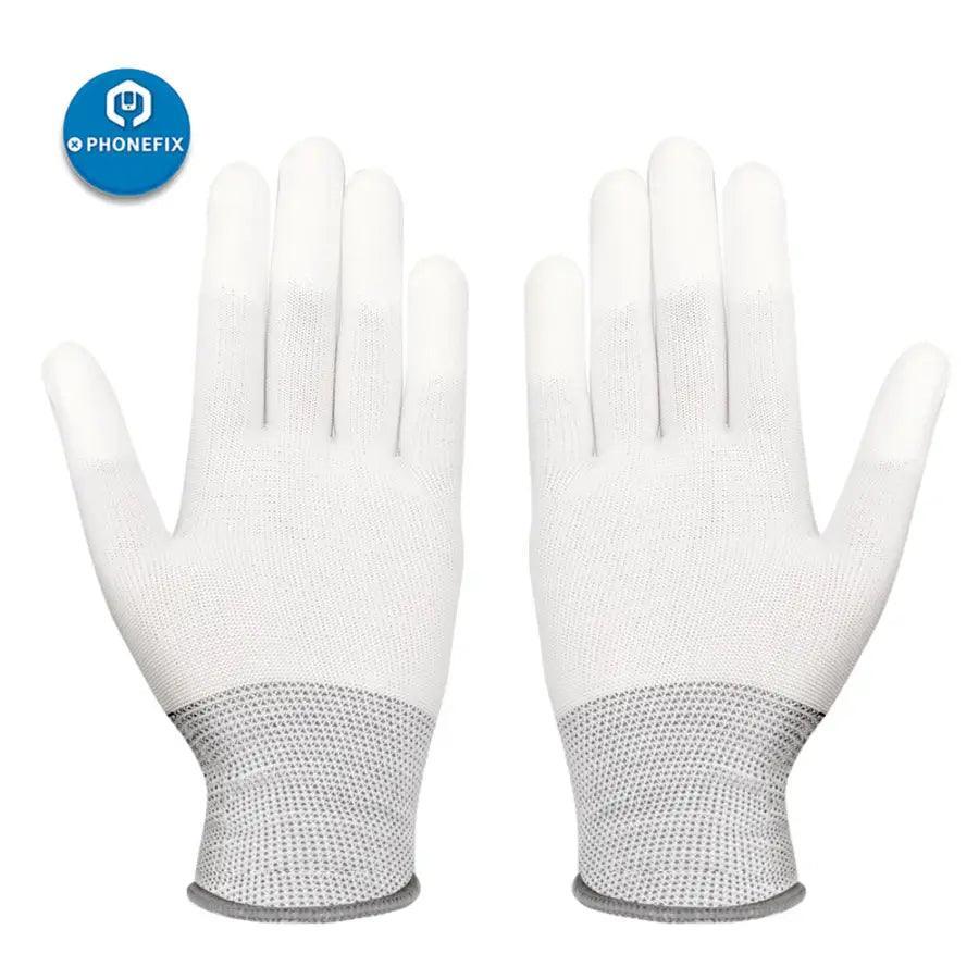 Anti-static nylon fiber gloves used for electronic repair and ESD protection, designed by PHONEFIX for safe handling of electronic components.