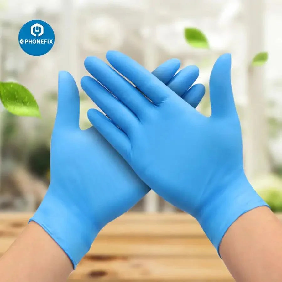 Pair of black disposable latex rubber gloves from PHONEFIX, anti-static PVC cleaning gloves for various assist tasks.
