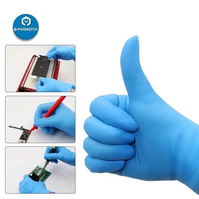Black disposable latex rubber gloves by PHONEFIX, anti-static PVC cleaning gloves, shown in a pair for cleaning and assistance tasks.