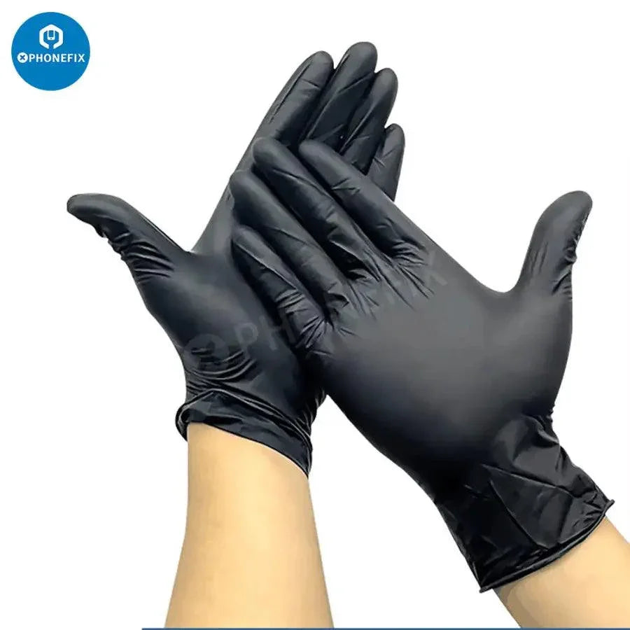 Pair of black disposable latex rubber gloves from PHONEFIX, anti-static PVC cleaning gloves for safe handling and protection.