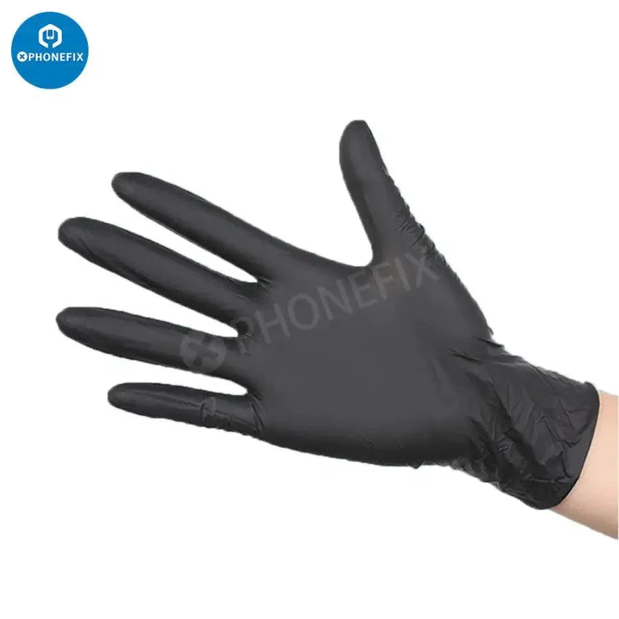 Pair of black disposable latex rubber gloves with anti-static PVC coating, designed for cleaning tasks, branded PHONEFIX.