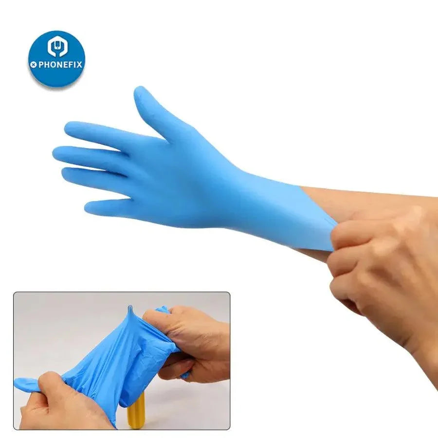 Black disposable latex rubber gloves from PHONEFIX, anti-static PVC cleaning gloves, suitable for various assist tool applications.