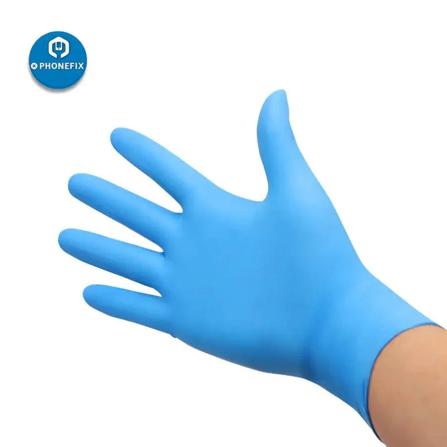 Pair of black disposable latex rubber gloves by PHONEFIX, anti-static PVC cleaning gloves for household or technical use.
