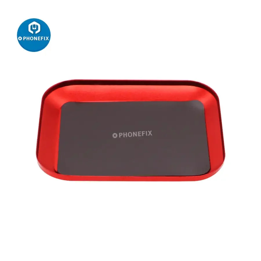 Aluminium alloy magnetic screw tray plate by PHONEFIX for phone and RC car repair parts, with compartments for screw organization.