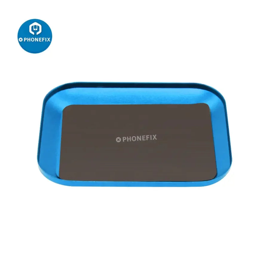 Blue aluminium alloy magnetic screw tray plate for phone and RC car repair, by PHONEFIX, with compartments for small parts.