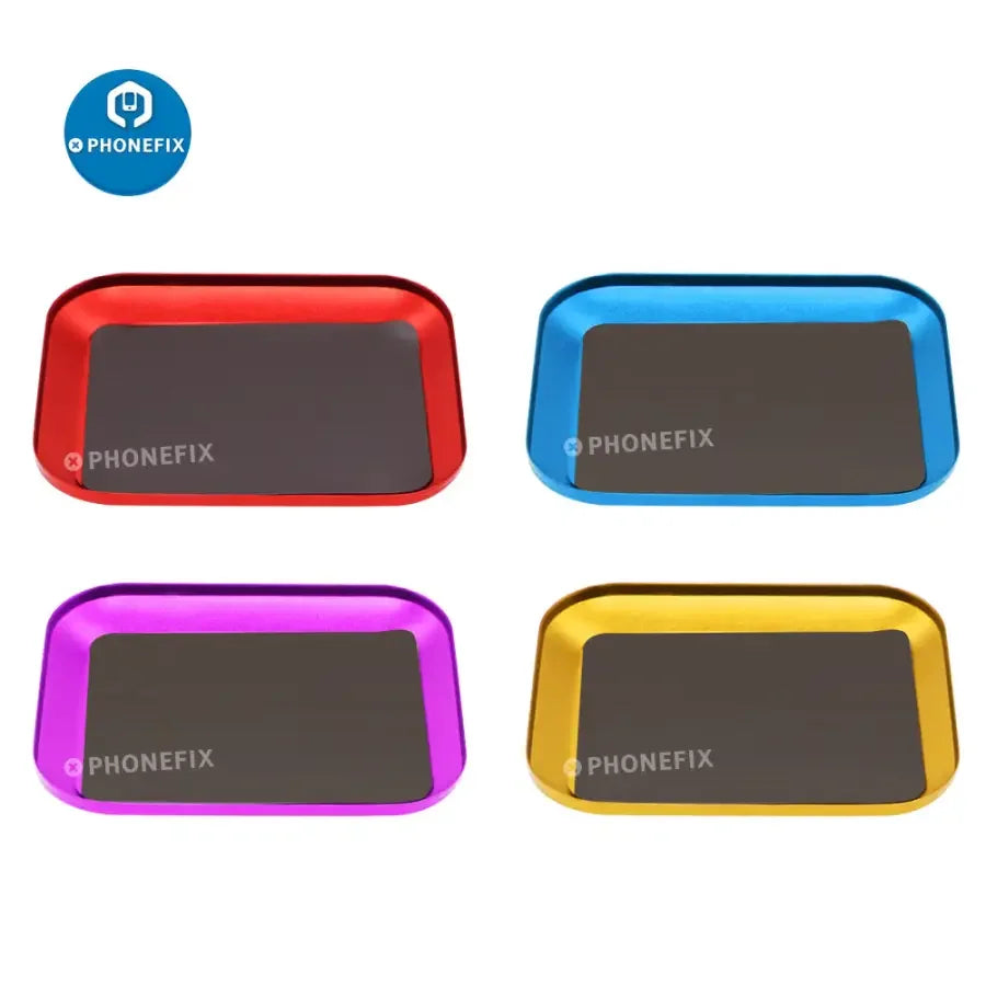Blue aluminium alloy magnetic screw tray plate for phone and RC car repair by PHONEFIX, helps organize small parts during repairs.