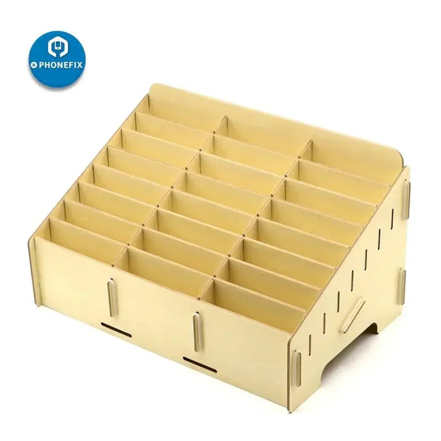 Wooden 24-grid desktop organizer by PHONEFIX for phone, stationery, and classroom storage, featuring multiple compartments.
