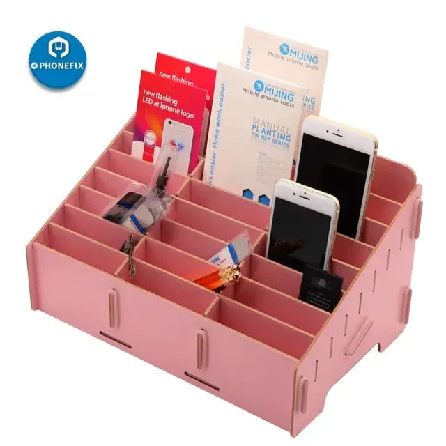 Wooden 24-grid organizer box by PHONEFIX for desktop and classroom phone and stationery storage, multifunctional wooden assist tool.