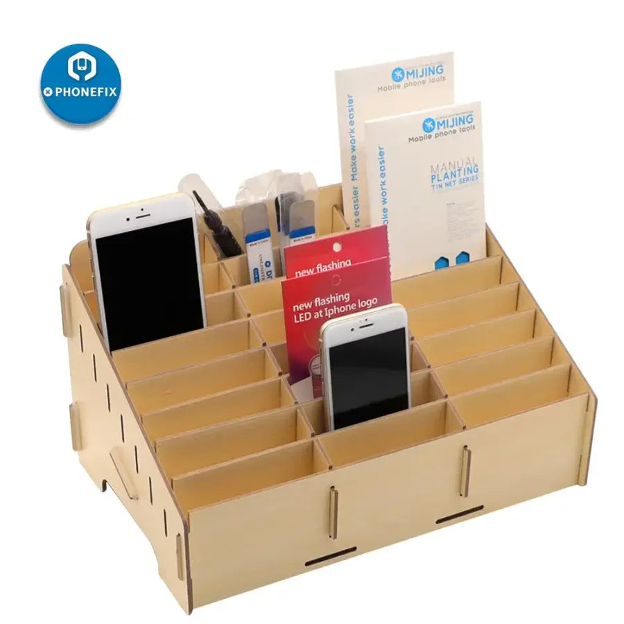 Wooden organizer with 24 grid compartments for desktop and classroom phone storage by PHONEFIX.