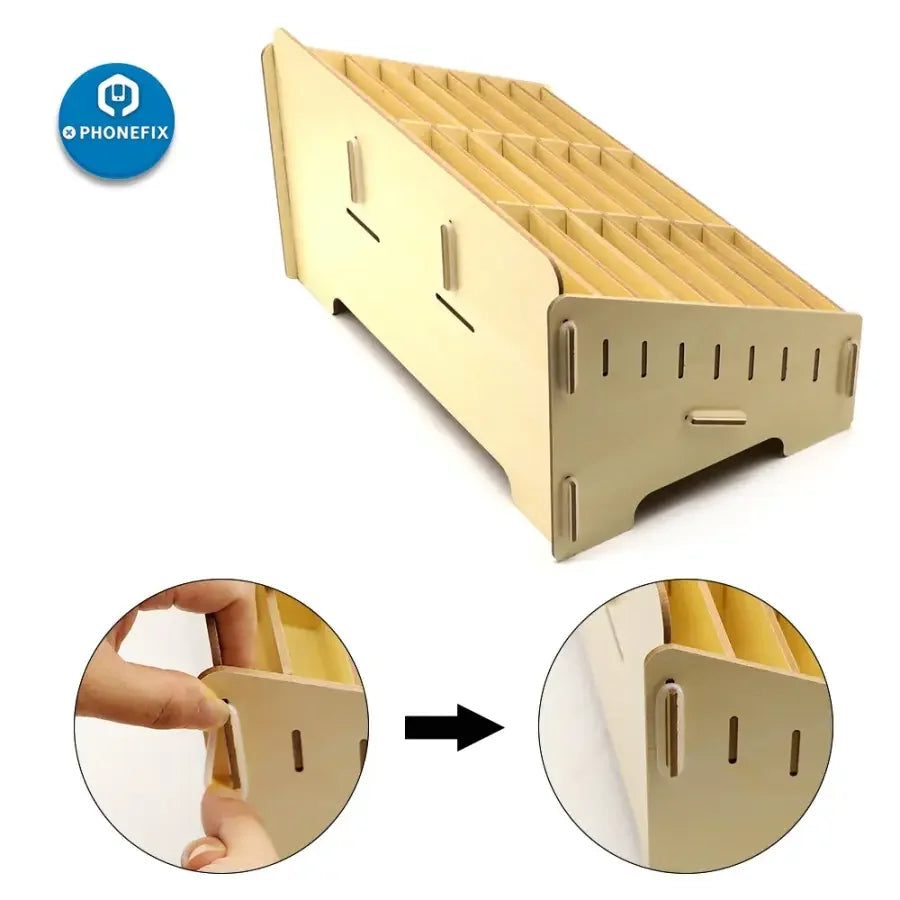 Wooden organizer with 24 grid compartments for desktop and classroom phone storage from PHONEFIX.