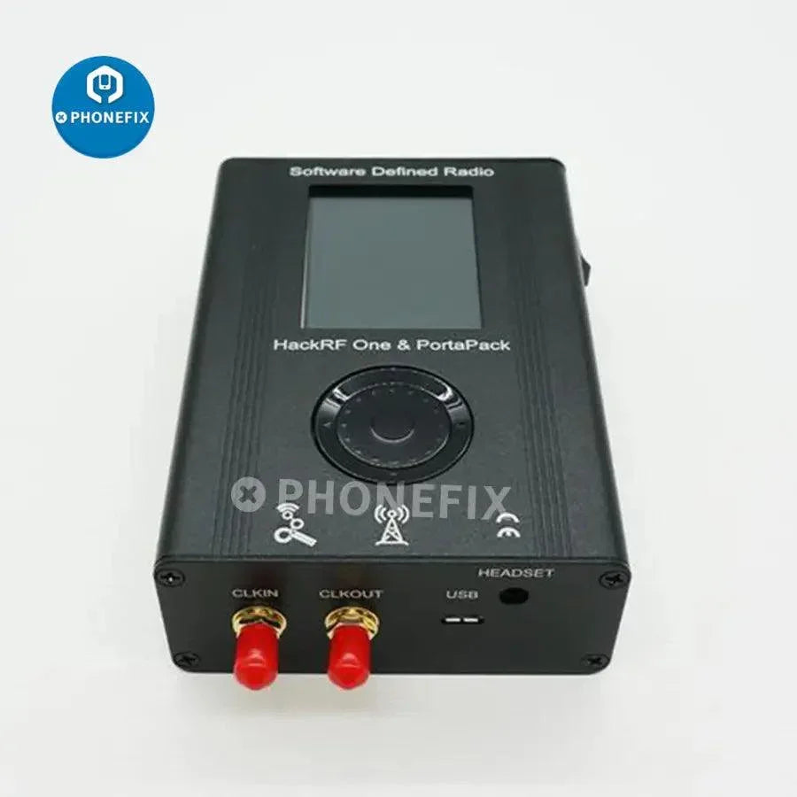 Portapack Mayhem firmware flashed HackRF SDR device covering 1MHz to 6GHz, used for radio frequency testing and signal analysis.