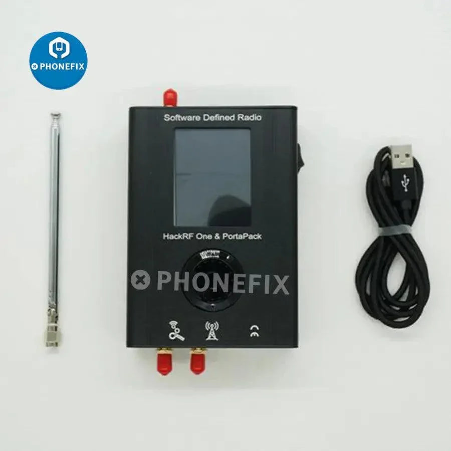 Portapack Mayhem firmware flashed HackRF SDR device from PHONEFIX, showing front with controls and frequency range display.